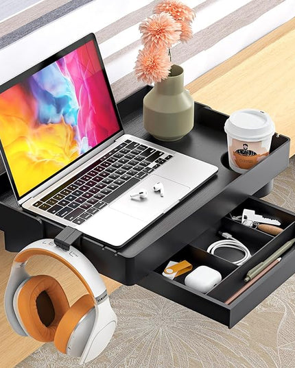 SPACELEAD Bedside Shelf for Bed – College Dorm Room Clip On Nightstand with Cup Holder & Cord Holder&drawer – Bunk Bed Shelf for Organizer Top for Bedroom (Black，Plastic) - LeafyLoom