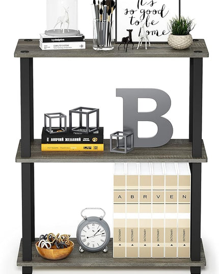 Furinno Turn-S-Tube 3-Tier Compact Multipurpose Shelf Display Rack with Square Tube, French Oak Grey/Black - LeafyLoom
