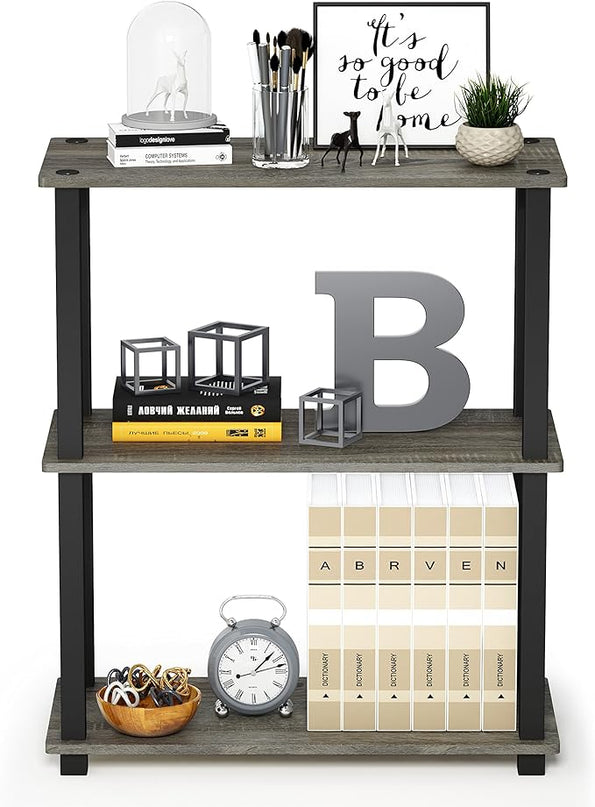 Furinno Turn-S-Tube 3-Tier Compact Multipurpose Shelf Display Rack with Square Tube, French Oak Grey/Black - LeafyLoom