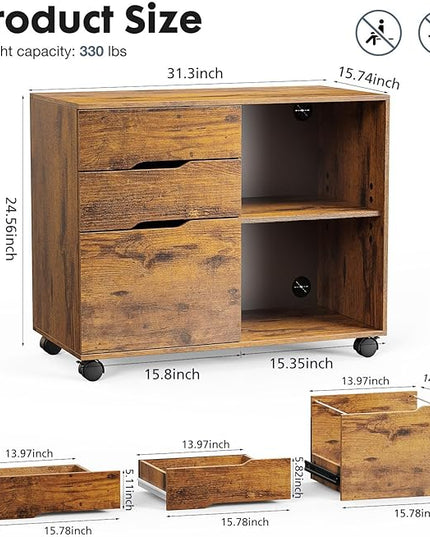 OLIXIS 3 Drawer File Cabinet Lateral Printer Stand with Adjustable Storage Shelves for Home Office Small Space, Rustic Brown - LeafyLoom