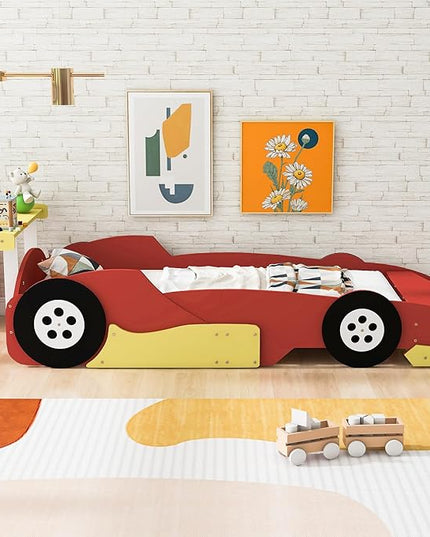 Twin Size Racecar Bed for Big Boys,Wood Platform Bedframe with Wheels & Safety Guardrail,Slats Support,Easy Assembly,Toddlers Kids Car Floor Beds for Fun Children's Bedroom,Red - LeafyLoom