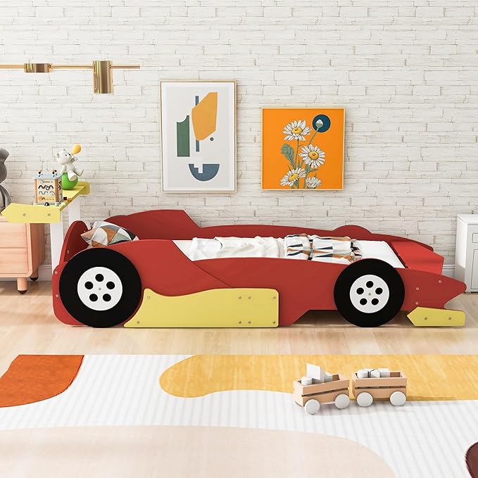 Twin Size Racecar Bed for Big Boys,Wood Platform Bedframe with Wheels & Safety Guardrail,Slats Support,Easy Assembly,Toddlers Kids Car Floor Beds for Fun Children's Bedroom,Red - LeafyLoom