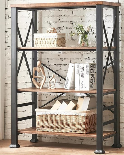 HOMBAZAAR Bookshelf, 4-Tier Industrial Bookshelf, Etagere Bookcases and Bookshelves, Tall Bookshelf Storage Organizer, Freestanding Bookshelf for Living Room, Bedroom and Home Office, Brown - LeafyLoom