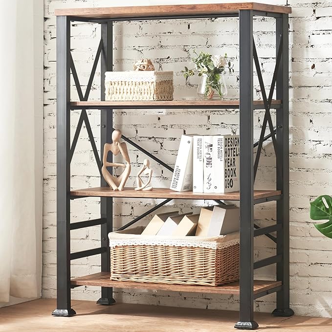 HOMBAZAAR Bookshelf, 4-Tier Industrial Bookshelf, Etagere Bookcases and Bookshelves, Tall Bookshelf Storage Organizer, Freestanding Bookshelf for Living Room, Bedroom and Home Office, Brown - LeafyLoom