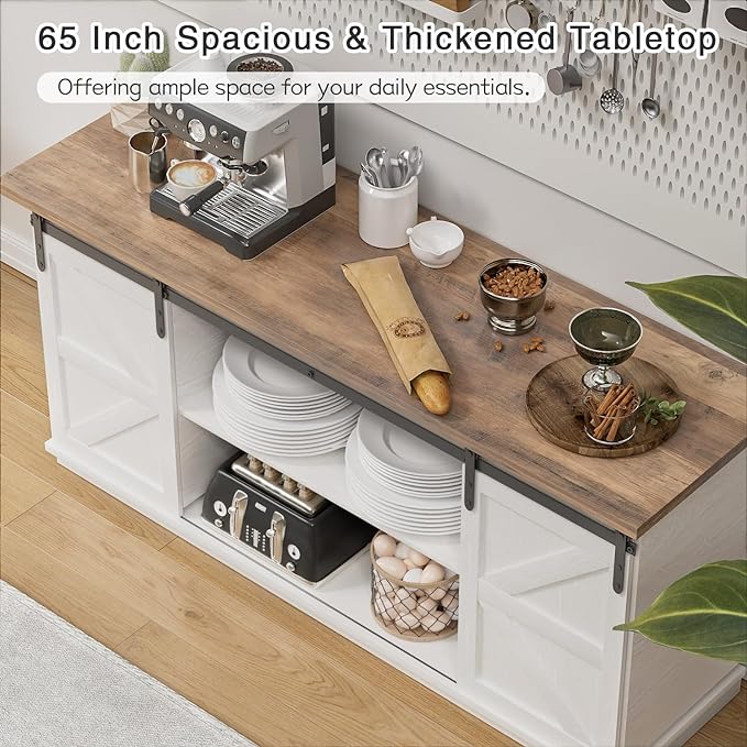 YESHOMY Farmhouse TV Stand and Entertainment Center for Televisions up to 65 Inchs, with Sliding Barn Doors and Storage Cabinets, Console Table and Media Furniture for Living Room, 58 Inch, White - LeafyLoom