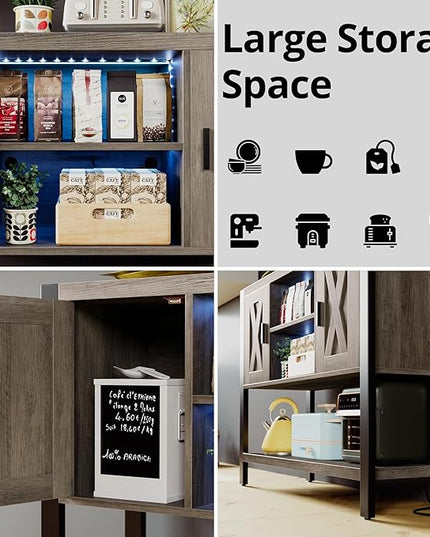 IRONCK Sideboard Buffet Cabinet with LED Light & Charging Station, Coffee Station Table, Bar Storage for Kitchen, Dining Room, Living Room, Grey - LeafyLoom