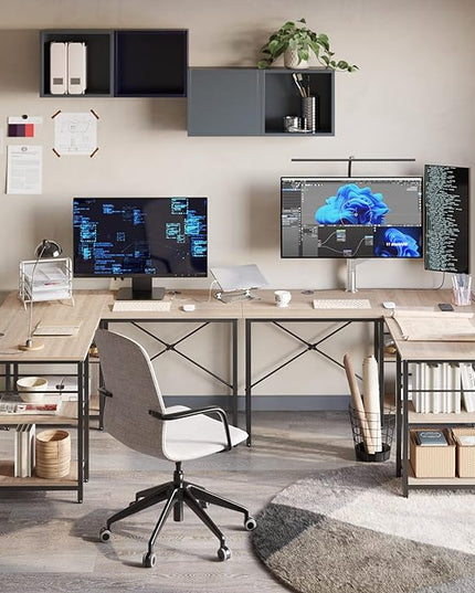 Bestier L Shaped Desk with Shelves 86.6 Inch Reversible Corner Computer Desk or 2 Person Long Table for Home Office Large Gaming Writing Storage Workstation P2 Board with 3 Cable Holes, Oak - LeafyLoom