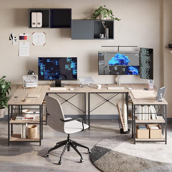 Bestier L Shaped Desk with Shelves 86.6 Inch Reversible Corner Computer Desk or 2 Person Long Table for Home Office Large Gaming Writing Storage Workstation P2 Board with 3 Cable Holes, Oak - LeafyLoom