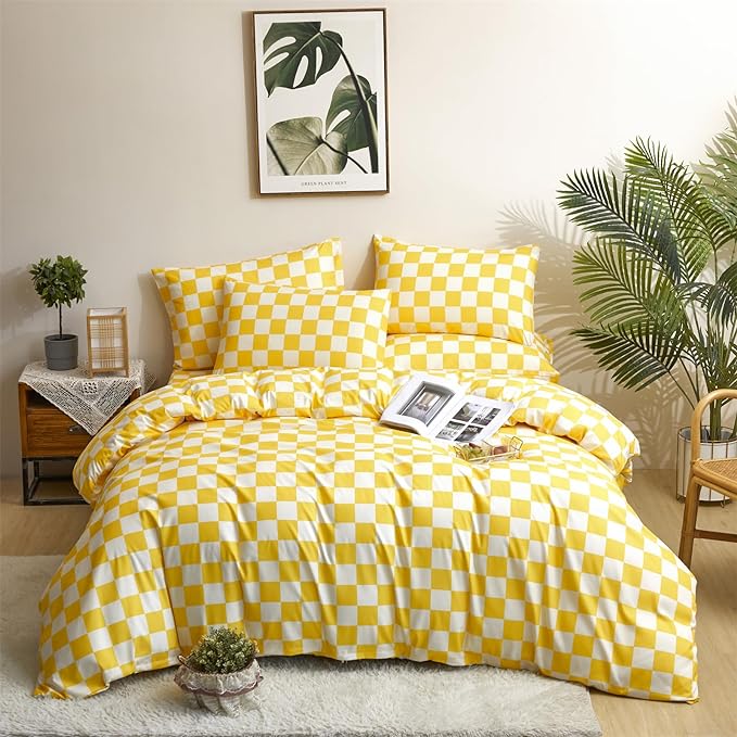 Yellow White Grid Comforter Set Twin Yellow Plaid Bedding Set Girls Yellow and White Checkered Bed Comforter Set Breathable Blanket Set Kids Durable Bedding Comforter Set - LeafyLoom