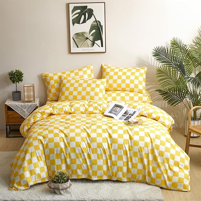 Yellow White Grid Comforter Set Cal King Yellow Plaid Bedding Set Women Yellow and White Checkered Bed Comforter Set Breathable Blanket Set Men Durable Bedding Comforter Set - LeafyLoom