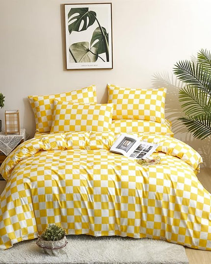 Yellow White Grid Comforter Set Queen Yellow Plaid Bedding Set Women Yellow and White Checkered Bed Comforter Set Breathable Blanket Set Men Durable Bedding Comforter Set - LeafyLoom