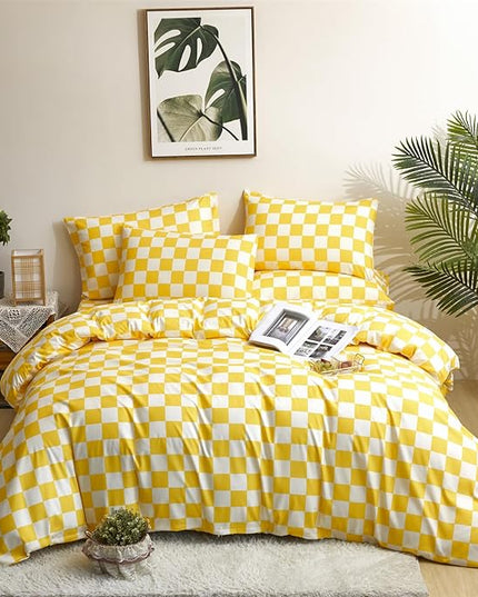 Brand King 3PC Bedding Set, Grid Yellow White Comforter Set with Checkered Pattern, All Season Breathable Blanket Set, Durable Bedding for Men and Women, Ideal Gift - LeafyLoom