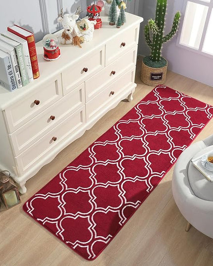 Chicrug Shag Geometric Modern Runner Rug for Bedroom, 2x6 Feet Memory Foam Indoor Hallway Runner Carpet, Fluffy Rug for Living Room Bedside Room Decor for Family, Wine Red/White - LeafyLoom