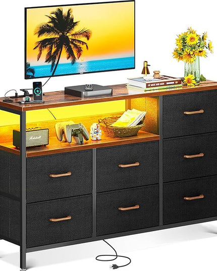 AODK Dresser with LED Lights and Power Outlet, 52-Inch Long Dresser TV Stand for Bedoom, Fabric TV Stand with 7 Large Storage Drawers and Shelves for Living Room, Vintage and Black - LeafyLoom