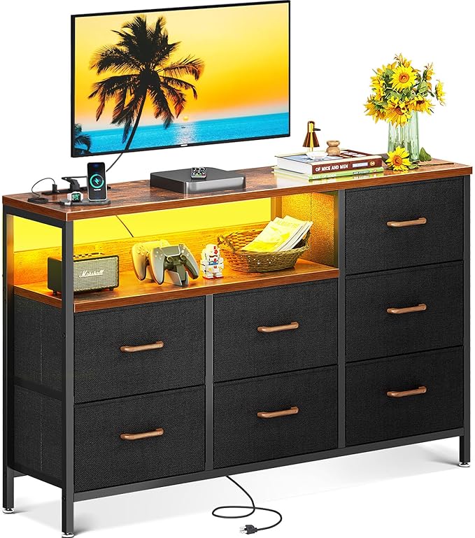 AODK Dresser with LED Lights and Power Outlet, 52-Inch Long Dresser TV Stand for Bedoom, Fabric TV Stand with 7 Large Storage Drawers and Shelves for Living Room, Vintage and Black - LeafyLoom