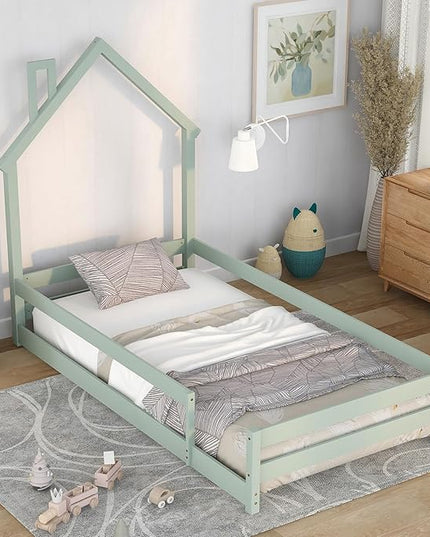 Bellemave Twin Size House-Shaped Headboard Floor Bed with Fences, Wooden Montessori Bed for Kids,House Bed Twin Frame for Girls,Boys (Light Green) - LeafyLoom