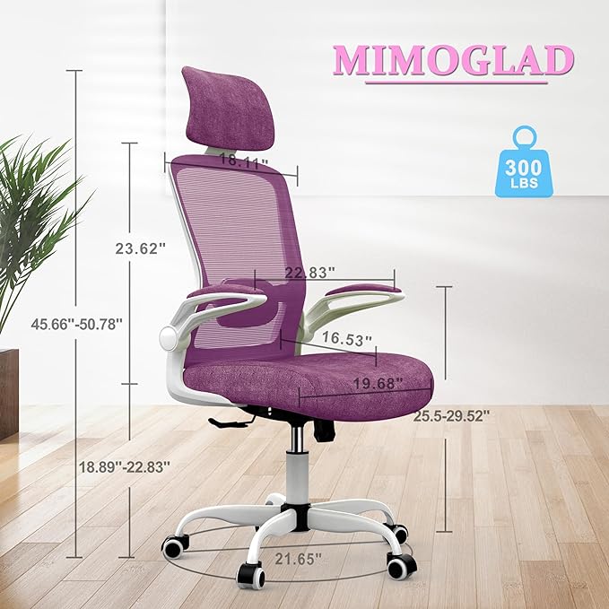 Mimoglad Office Chair, High Back Ergonomic Desk Chair with Adjustable Lumbar Support and Headrest, Swivel Task Chair with flip-up Armrests for Guitar Playing, 5 Years Warranty - LeafyLoom