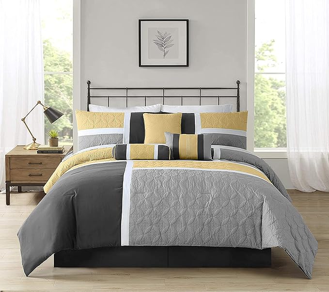 Chezmoi Collection Upland 7-Piece Quilted Patchwork Comforter Set, Yellow/Charcoal/Gray, Queen - LeafyLoom