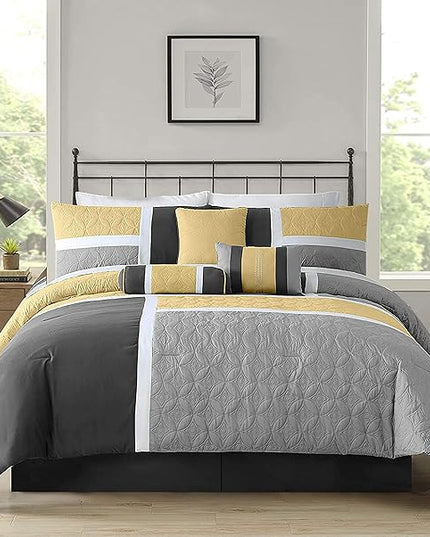 Chezmoi Collection Upland 7-Piece Quilted Patchwork Comforter Set, Yellow/Charcoal/Gray, King - LeafyLoom