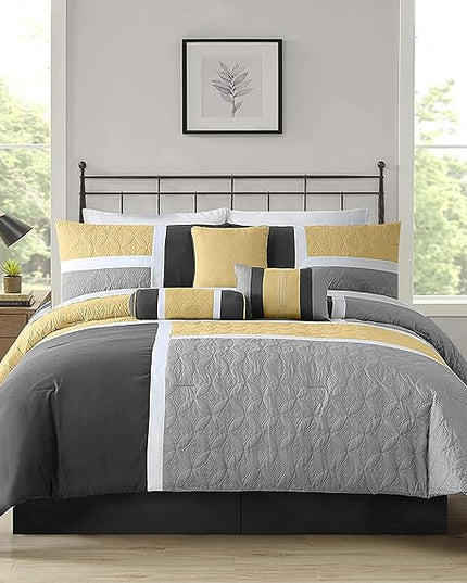 Chezmoi Collection Upland 7-Piece Quilted Patchwork Comforter Set, Yellow/Charcoal/Gray, Full - LeafyLoom