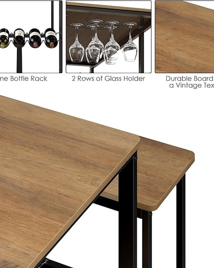 3-Piece Kitchen Table for 4, 54.7" Dining Table Set with 2 Benches, Dining Room Table with MDF Wood Board, Storage Shelf, Wine and Glass Rack, Industrial (Brown) - LeafyLoom