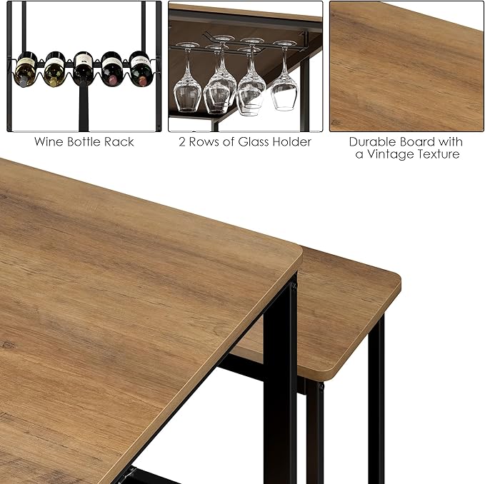 3-Piece Kitchen Table for 4, 54.7" Dining Table Set with 2 Benches, Dining Room Table with MDF Wood Board, Storage Shelf, Wine and Glass Rack, Industrial (Brown) - LeafyLoom