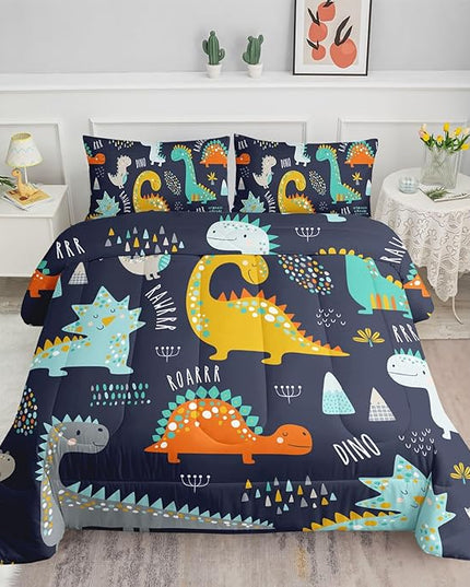 Datura home Bedding Comforter Set Kawaii Cartoon Dinosaur Printed Pattern with 1 and 2 Pillowcases for Boys Bedroom All Season(Cute Dinosaur Full) Full 80x90inches - LeafyLoom