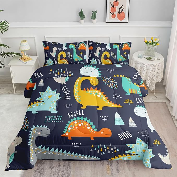 Datura home Bedding Comforter Set Kawaii Cartoon Dinosaur Printed Pattern with 1 and 2 Pillowcases for Boys Bedroom All Season(Cute Dinosaur Full) Full 80x90inches - LeafyLoom