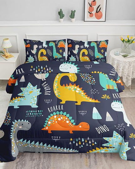 Datura home Bedding Comforter Set Kawaii Cartoon Dinosaur Printed Pattern Bedding Set with 1 Comforter and 2 Pillowcases for Boys Bedroom All Season(Cute Dinosaur Twin), Twin 68x86inches - LeafyLoom
