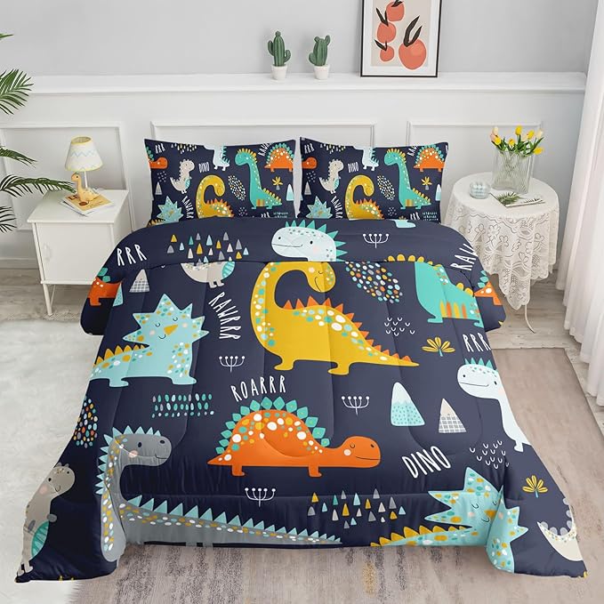Datura home Bedding Comforter Set Kawaii Cartoon Dinosaur Printed Pattern Bedding Set with 1 Comforter and 2 Pillowcases for Boys Bedroom All Season(Cute Dinosaur Queen) - LeafyLoom