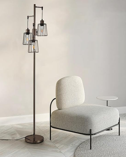 Dimmable Floor Lamp, Tall Floor Lamps for Living Room Bright Lighting, Standing Tree Floor Lamp with 3 Elegant Teardrop Cage Head, Farmhouse Industrial Floor Lamp for Bedroom Office(Brown) - LeafyLoom