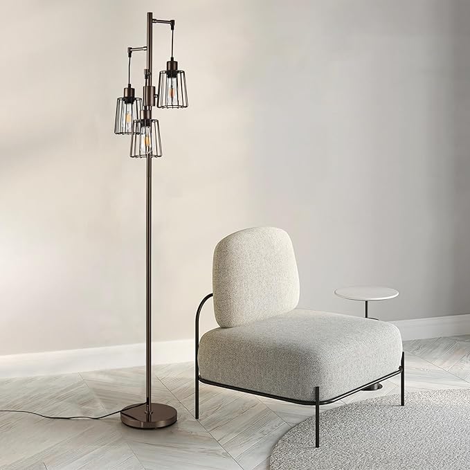 Dimmable Floor Lamp, Tall Floor Lamps for Living Room Bright Lighting, Standing Tree Floor Lamp with 3 Elegant Teardrop Cage Head, Farmhouse Industrial Floor Lamp for Bedroom Office(Brown) - LeafyLoom