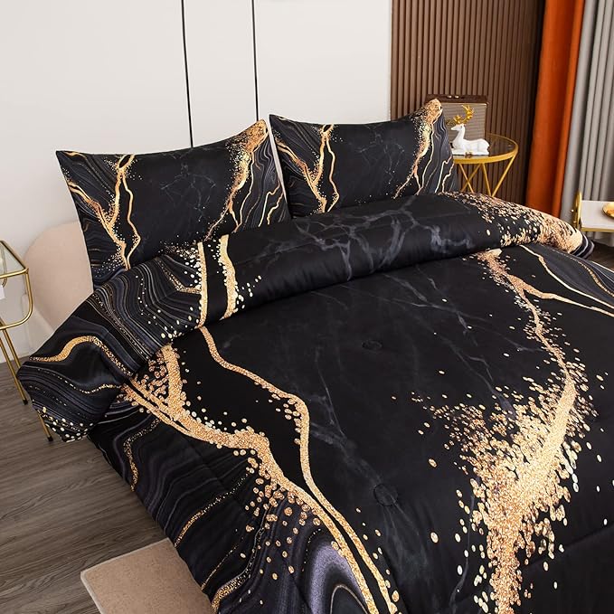 Tailor Shop Marble Bedding Set Soft Microfiber Black and Gold Comforter Set King Size for Kids Men and Women with 1 Marble Comforter and 2 Pillowcases…… - LeafyLoom