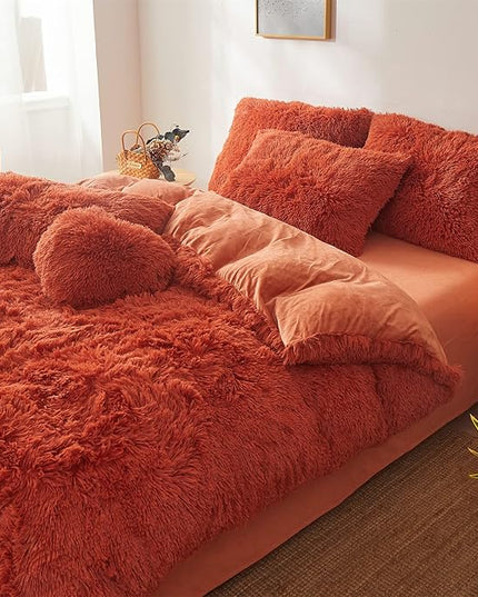 Fluffy Orange Comforter Cover Set Queen - Ultra Soft Plush Burnt Orange Bedding Sets 3 Pieces (1 Faux Fur Duvet Cover + 2 Faux Fur Pillow case) Boho Orange Queen Bed Sets (Dark Orange, Queen) - LeafyLoom