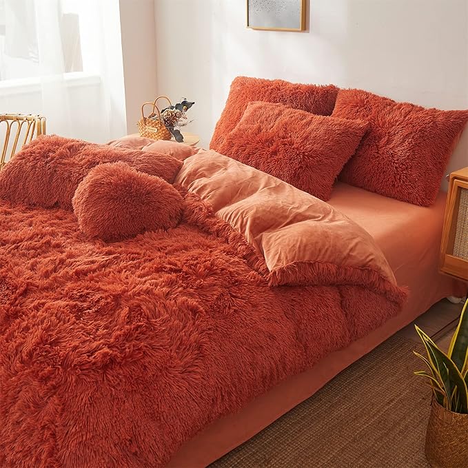 Fluffy Orange Comforter Cover Set Queen - Ultra Soft Plush Burnt Orange Bedding Sets 3 Pieces (1 Faux Fur Duvet Cover + 2 Faux Fur Pillow case) Boho Orange Queen Bed Sets (Dark Orange, Queen) - LeafyLoom