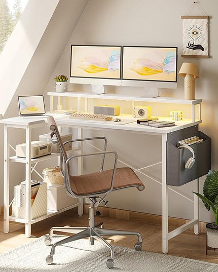 L Shaped Gaming Desk with Power Outlets, 47 Inch Computer Desk with LED Lights and Reversible Shelves, Corner Desk Work Desk for Home Office Bedroom, White - LeafyLoom