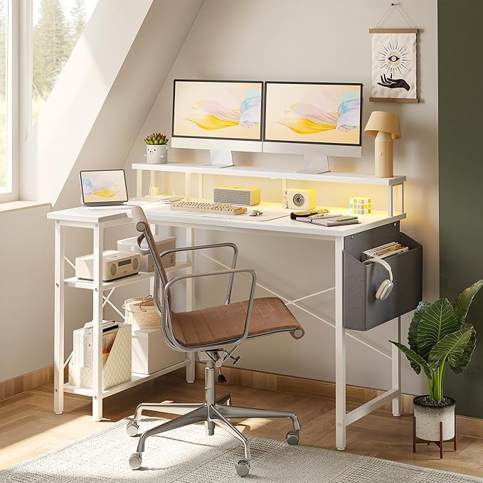 L Shaped Gaming Desk with Power Outlets, 47 Inch Computer Desk with LED Lights and Reversible Shelves, Corner Desk Work Desk for Home Office Bedroom, White - LeafyLoom