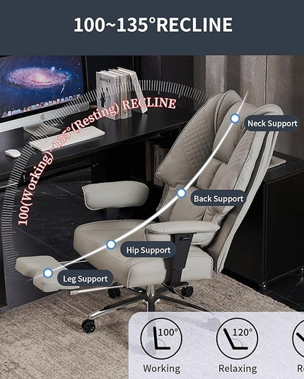 Big and Tall Office Chair 400lbs Wide Seat, Leather High Back Executive Office Chair with Foot Rest, Ergonomic Office Chair Lumbar Support for Lower Back Pain Relief (Light Grey) - LeafyLoom