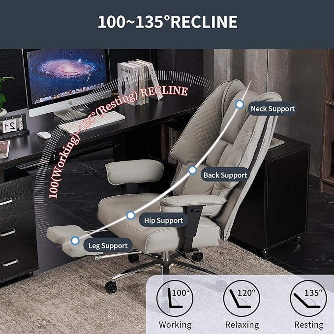 Big and Tall Office Chair 400lbs Wide Seat, Leather High Back Executive Office Chair with Foot Rest, Ergonomic Office Chair Lumbar Support for Lower Back Pain Relief (Light Grey) - LeafyLoom