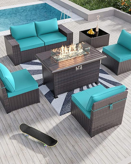 Kullavik 7 Pieces Outdoor Patio Furniture Set with 43" 55000BTU Gas Propane Fire Pit Table PE Wicker Rattan Sectional Sofa Patio Conversation Sets,Green Blue - LeafyLoom