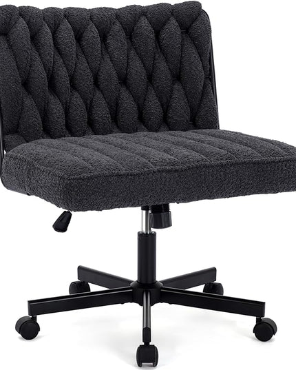 Criss Cross Legged Office Desk Chair with Wheels, Modern Armless Desk Chair with Wide Seat, Home Office Chair for Work, Meditation, Vanity, Black - LeafyLoom
