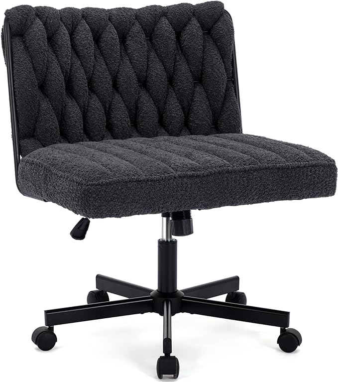 Criss Cross Legged Office Desk Chair with Wheels, Modern Armless Desk Chair with Wide Seat, Home Office Chair for Work, Meditation, Vanity, Black - LeafyLoom