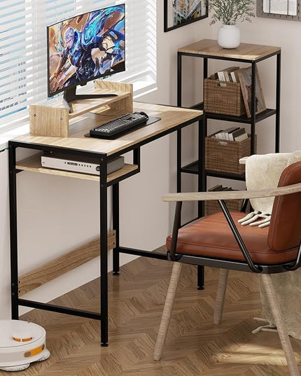 Computer Desk - 32 Inch Home Office Desk with Storage, Gaming Desk with Monitor Stand, Modern Simple Study Table, Adjustable Storage Space, Grey - LeafyLoom