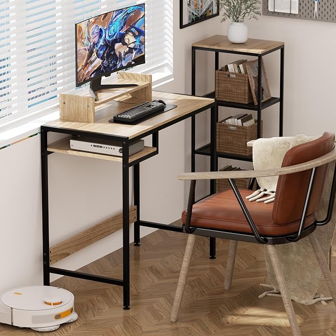 Computer Desk - 32 Inch Home Office Desk with Storage, Gaming Desk with Monitor Stand, Modern Simple Study Table, Adjustable Storage Space, Grey - LeafyLoom