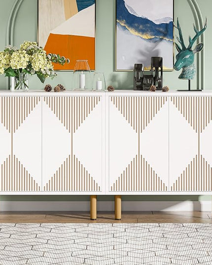 White Sideboard Buffet Cabinet, Modern Storage Cabinet with 4 Doors, Cupboard Console Table for Dining Room Living Room - LeafyLoom