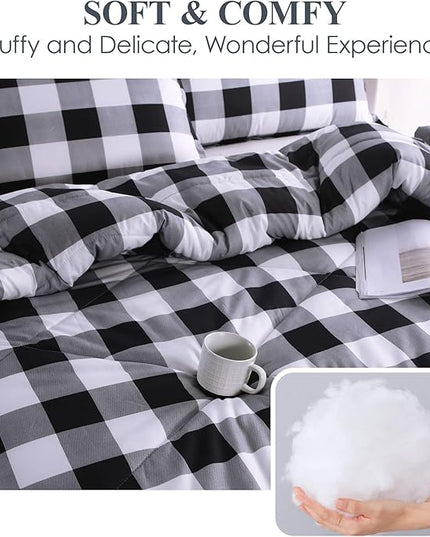 Andency Black Plaid Comforter Set Full Size (79x90 Inch), 3 Pieces (1 Gingham Comforter and 2 Pillowcases), Summer Lightweight Microfiber Buffalo Check Down Alternative Comforter Set - LeafyLoom