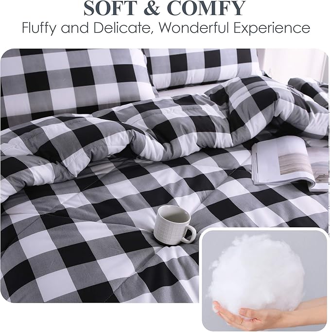 Andency Black Plaid Comforter Set Full Size (79x90 Inch), 3 Pieces (1 Gingham Comforter and 2 Pillowcases), Summer Lightweight Microfiber Buffalo Check Down Alternative Comforter Set - LeafyLoom