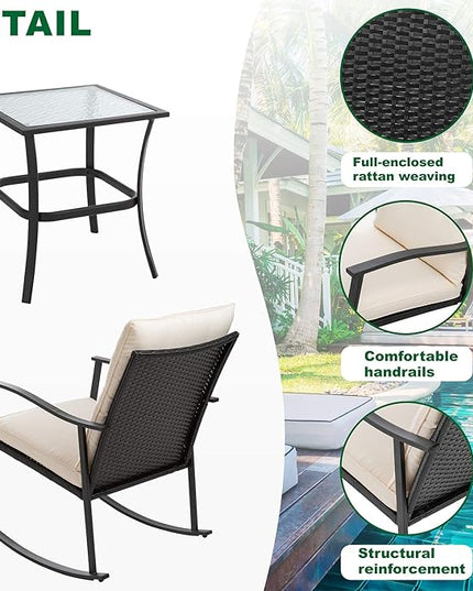 Shintenchi Outdoor 3-Piece Rocking Bistro Set,Wicker Patio Furniture Porch Chairs Conversation Sets with Glass Coffee (Beige Cushion) - LeafyLoom