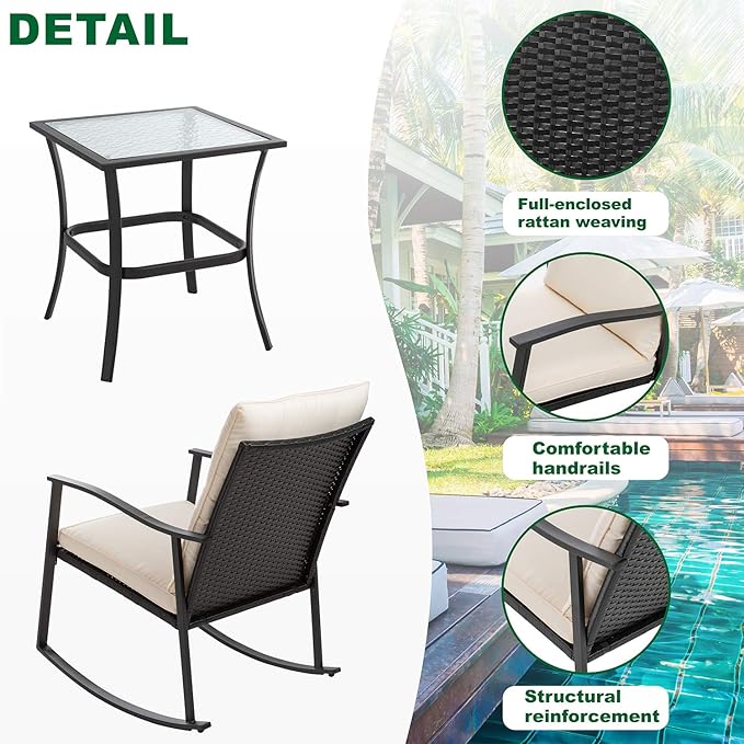 Shintenchi Outdoor 3-Piece Rocking Bistro Set,Wicker Patio Furniture Porch Chairs Conversation Sets with Glass Coffee (Beige Cushion) - LeafyLoom