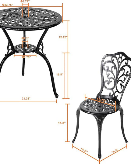 NUU GARDEN 3 Piece Bistro Set Outdoor, All Weather Cast Aluminum Patio Bistro Sets Patio Table and Chairs Set of 2 with Umbrella Hole for Yard, Balcony, Black, Butterfly Backrest - LeafyLoom